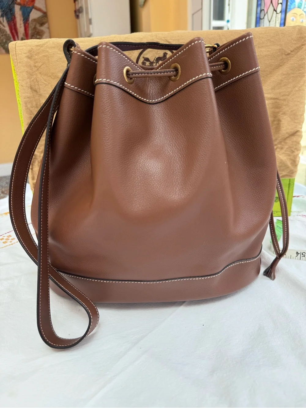 Hermes Brown Leather Drawstring Bucket Handbag - Courchevel